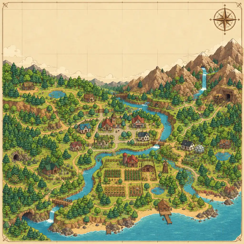 Atlasowa mapa Doliny Stardew Valley z widokiem z lotu ptaka, lasami, rzeką i górami