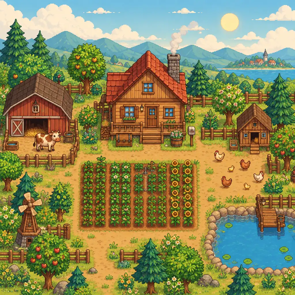 Ilustracja gospodarstwa w Stardew Valley z drewnianym domem, polem uprawnym i zwierzętami