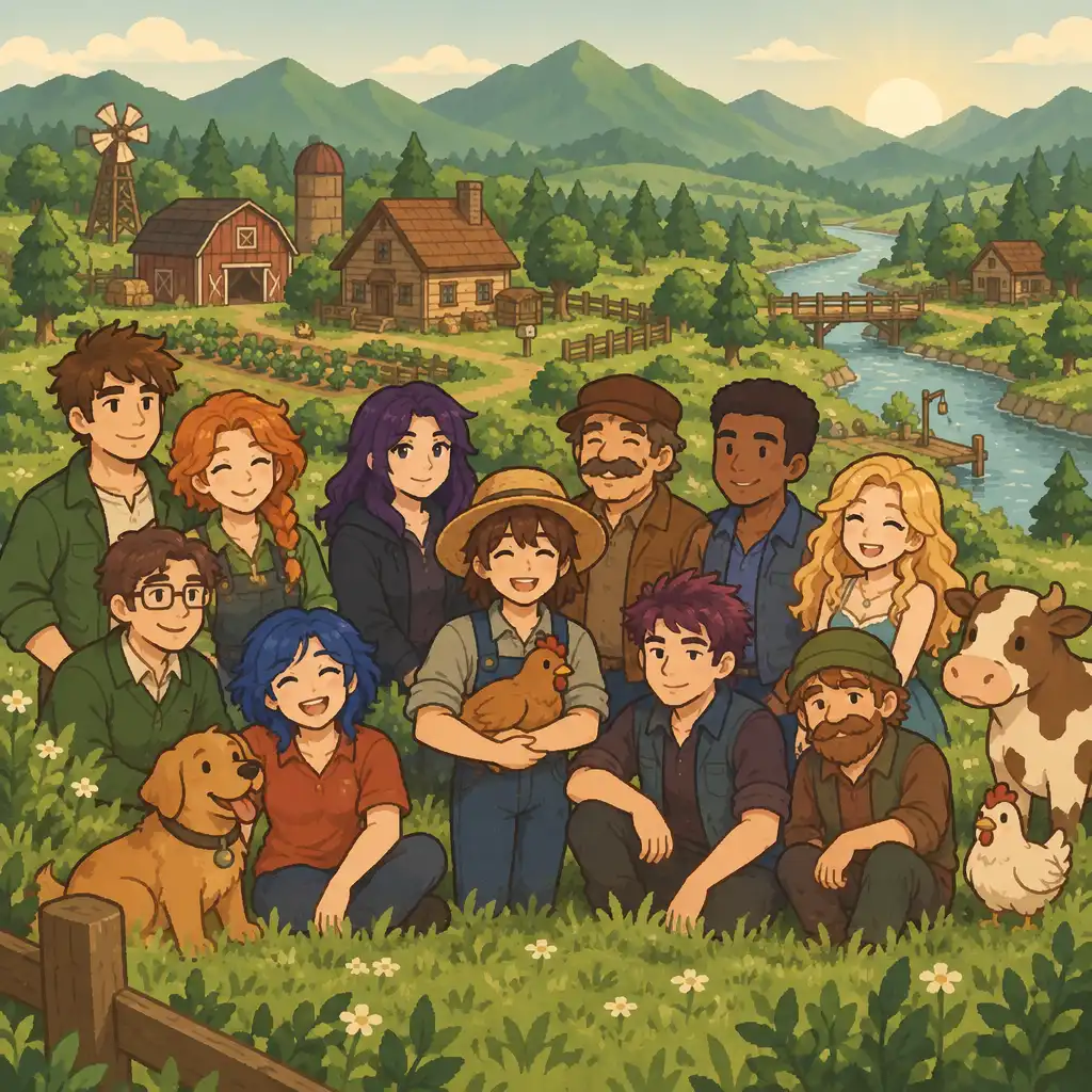Grupa mieszkańców Stardew Valley na tle doliny, farmy i gór