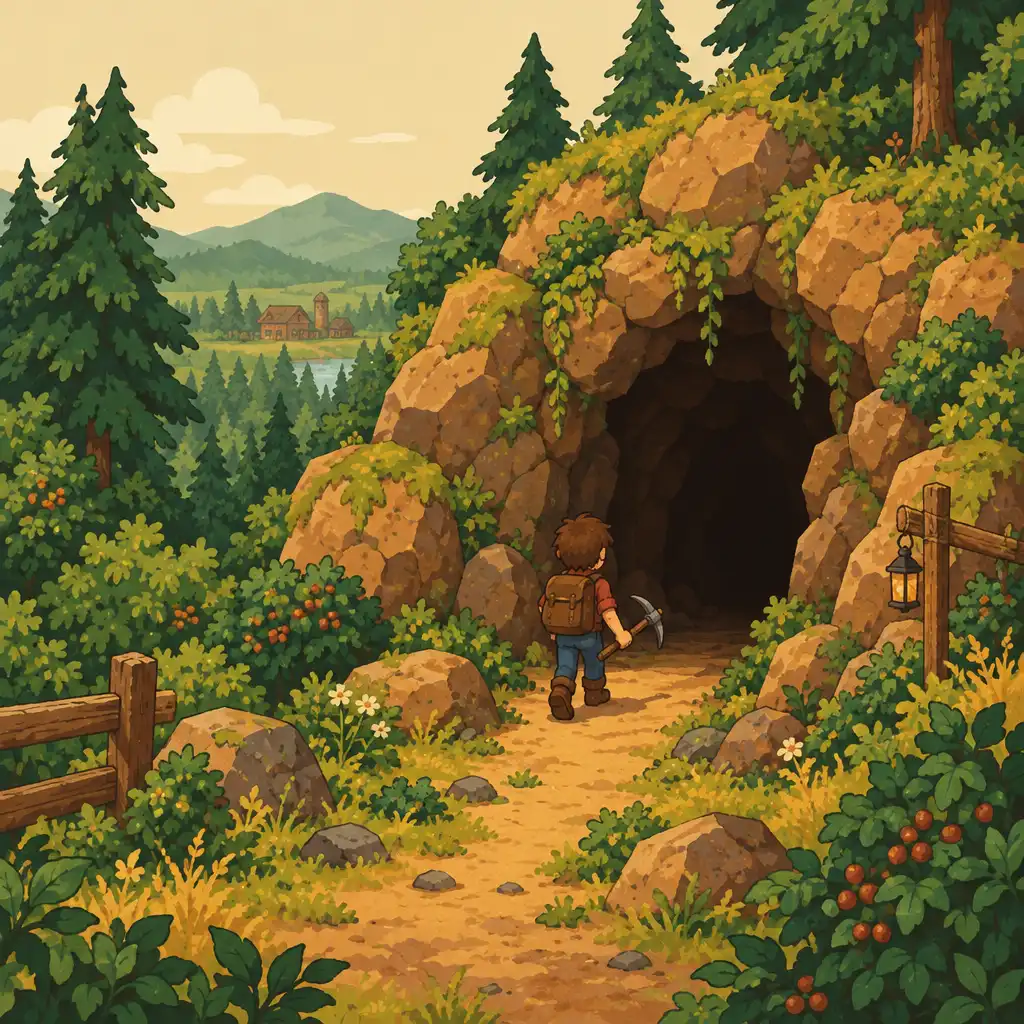 Gracz wchodzący do jaskini w Stardew Valley z kilofem i plecakiem