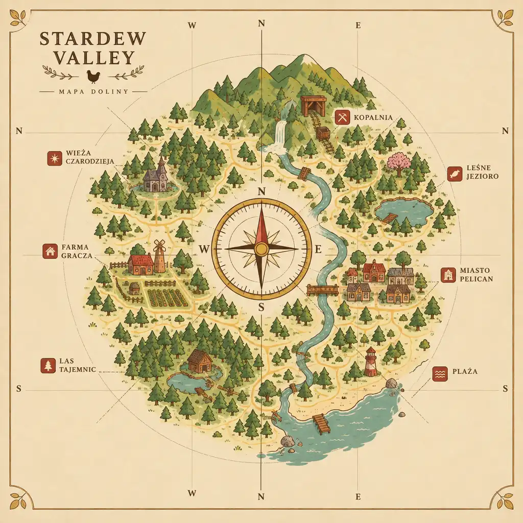 Ilustracja atlasowa przedstawiająca kompas i fragment mapy doliny Stardew Valley