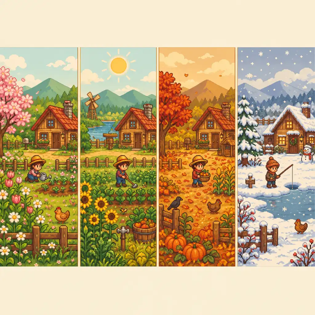 Cztery pory roku w Stardew Valley jako cztery małe sceny w jednym kadrze