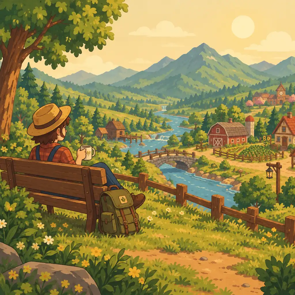Gracz odpoczywający na ławce w dolinie Stardew Valley z kubkiem i plecakiem