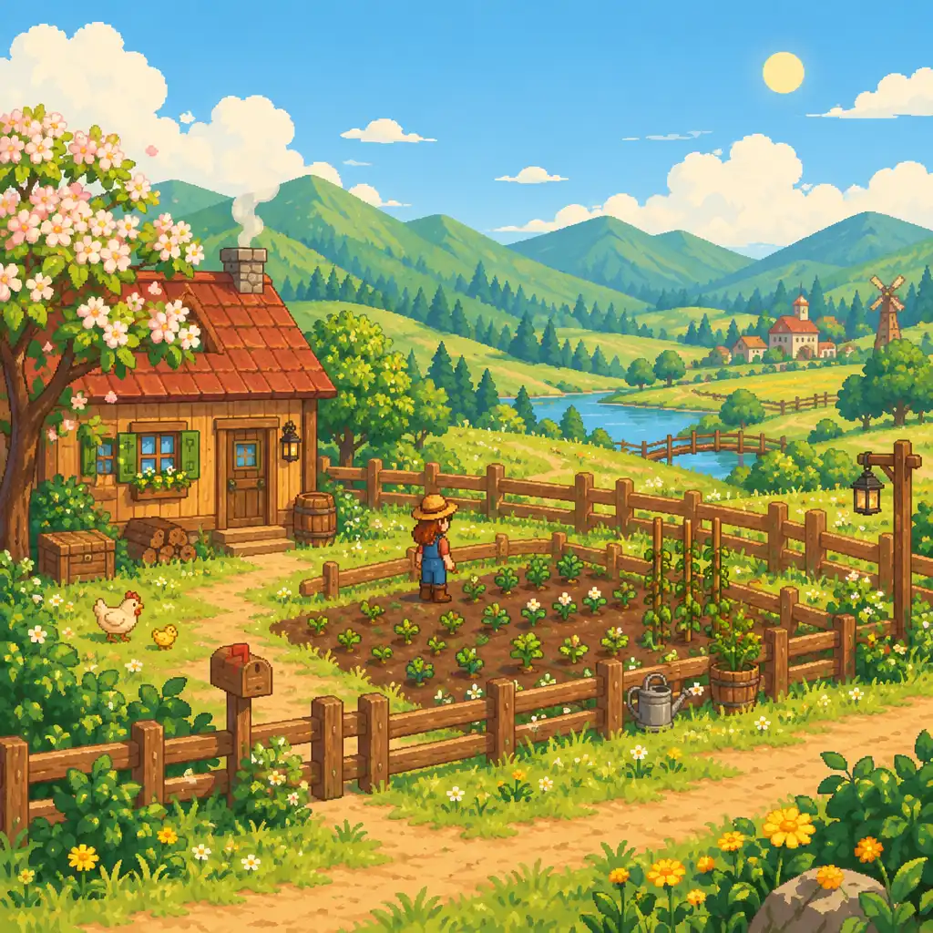 Wiosenny krajobraz farmy w Stardew Valley z kiełkującymi roślinami