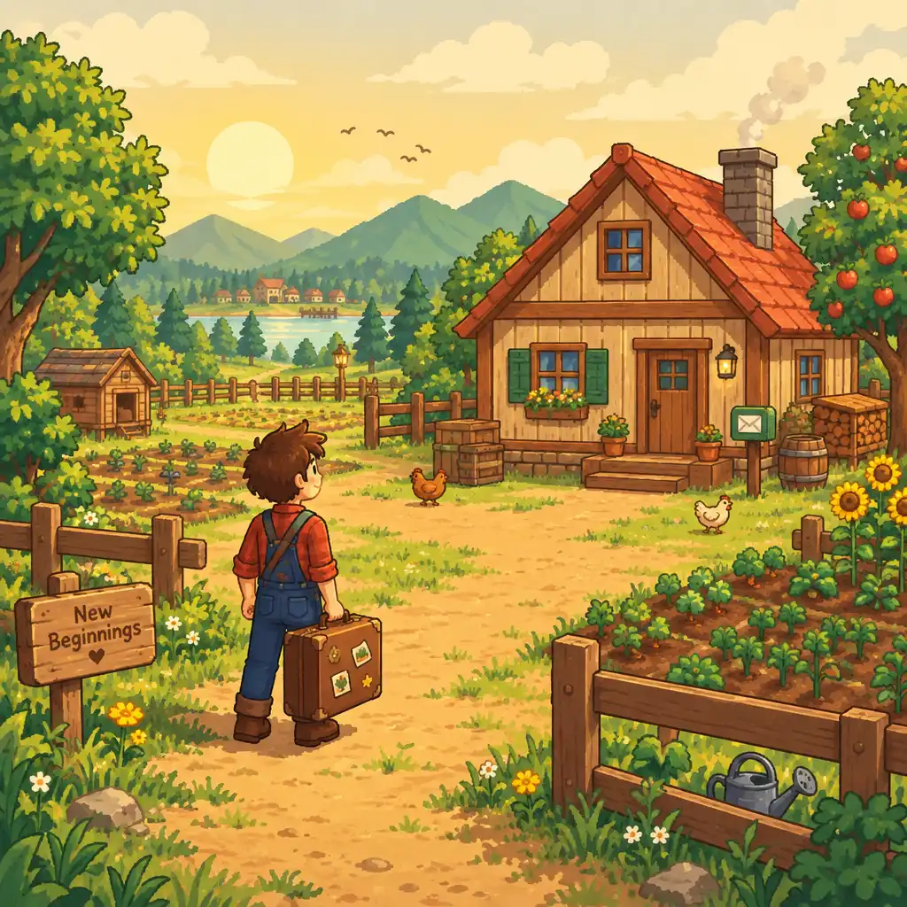 Początkujący gracz przed domem na farmie w Stardew Valley z walizką