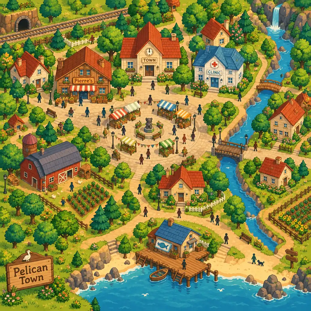 Ilustracja Pelican Town z rynkiem, sklepem, kliniką i domami w ciepłych kolorach