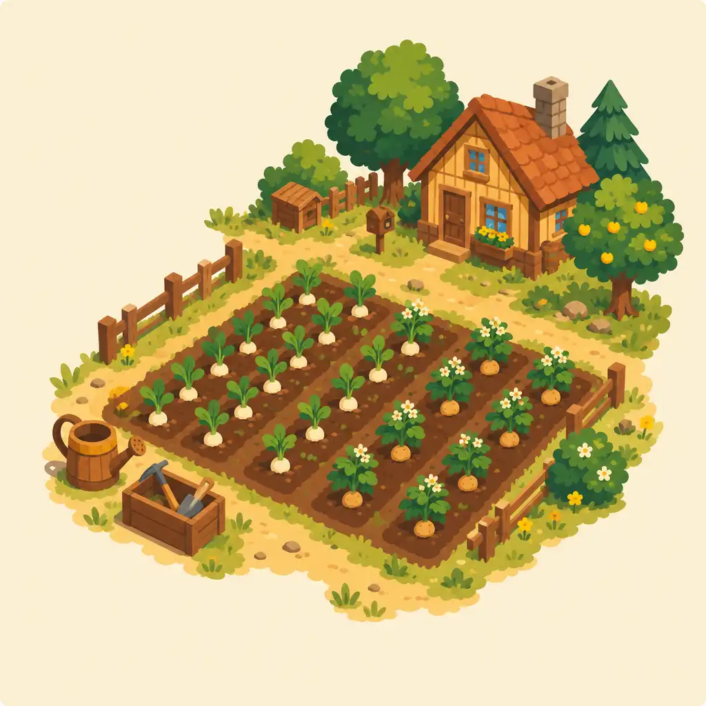 Ilustracja małego pola uprawnego z rzepą, ziemniakami i konewką w Stardew Valley