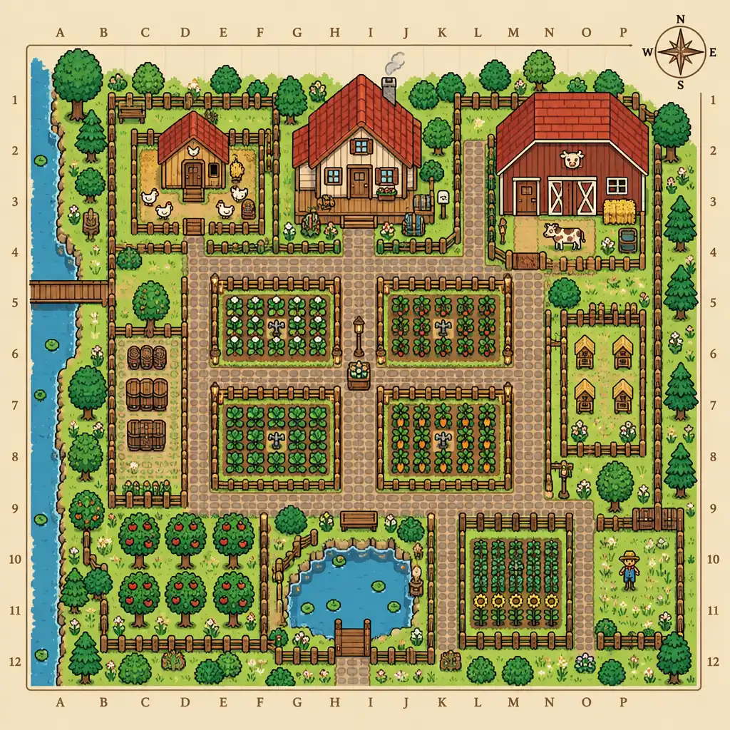 Ilustracja uporządkowanej farmy z polami, ścieżkami i ogrodzeniem w Stardew Valley