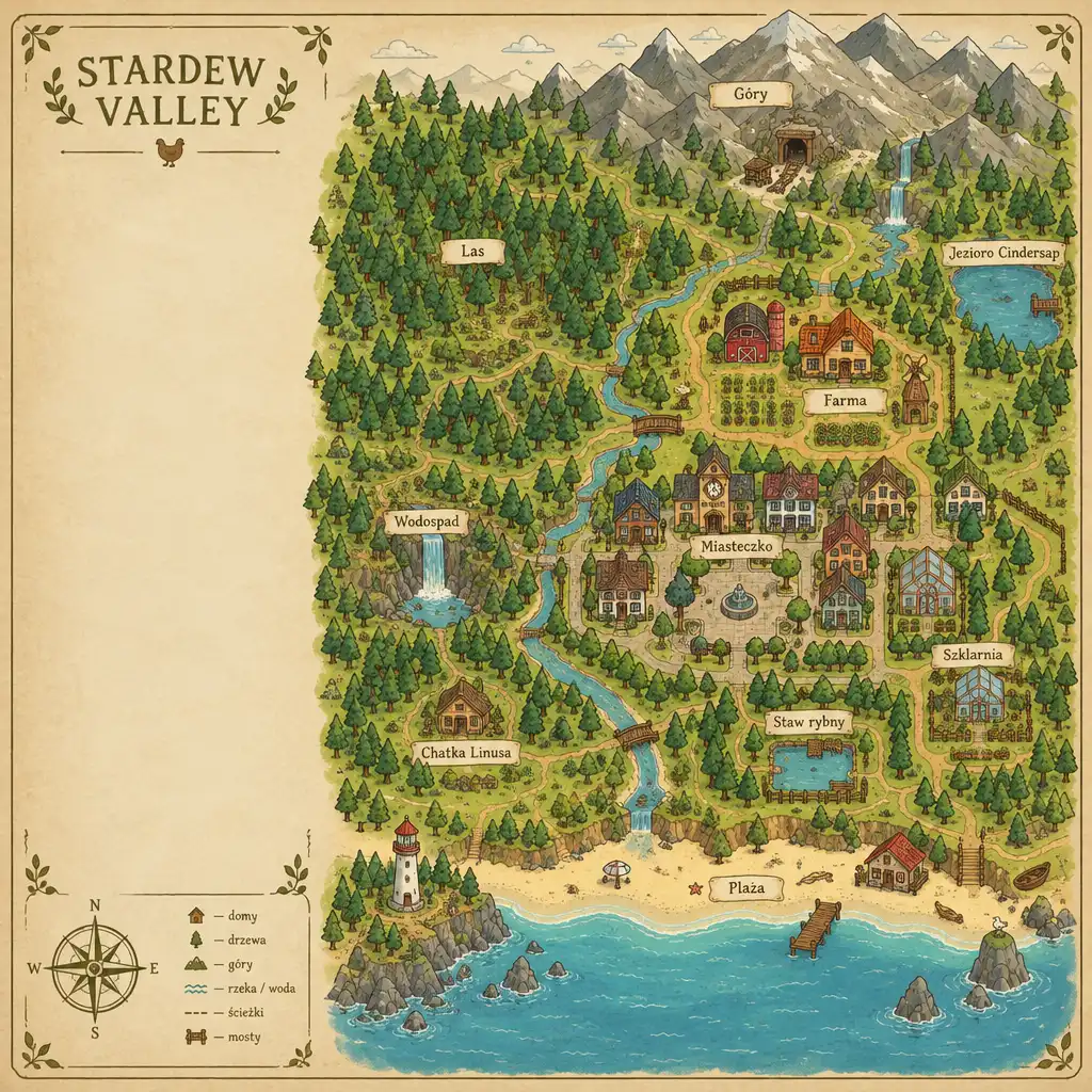 Stylizowana mapa doliny Stardew Valley z lasem, plażą, górami i miasteczkiem