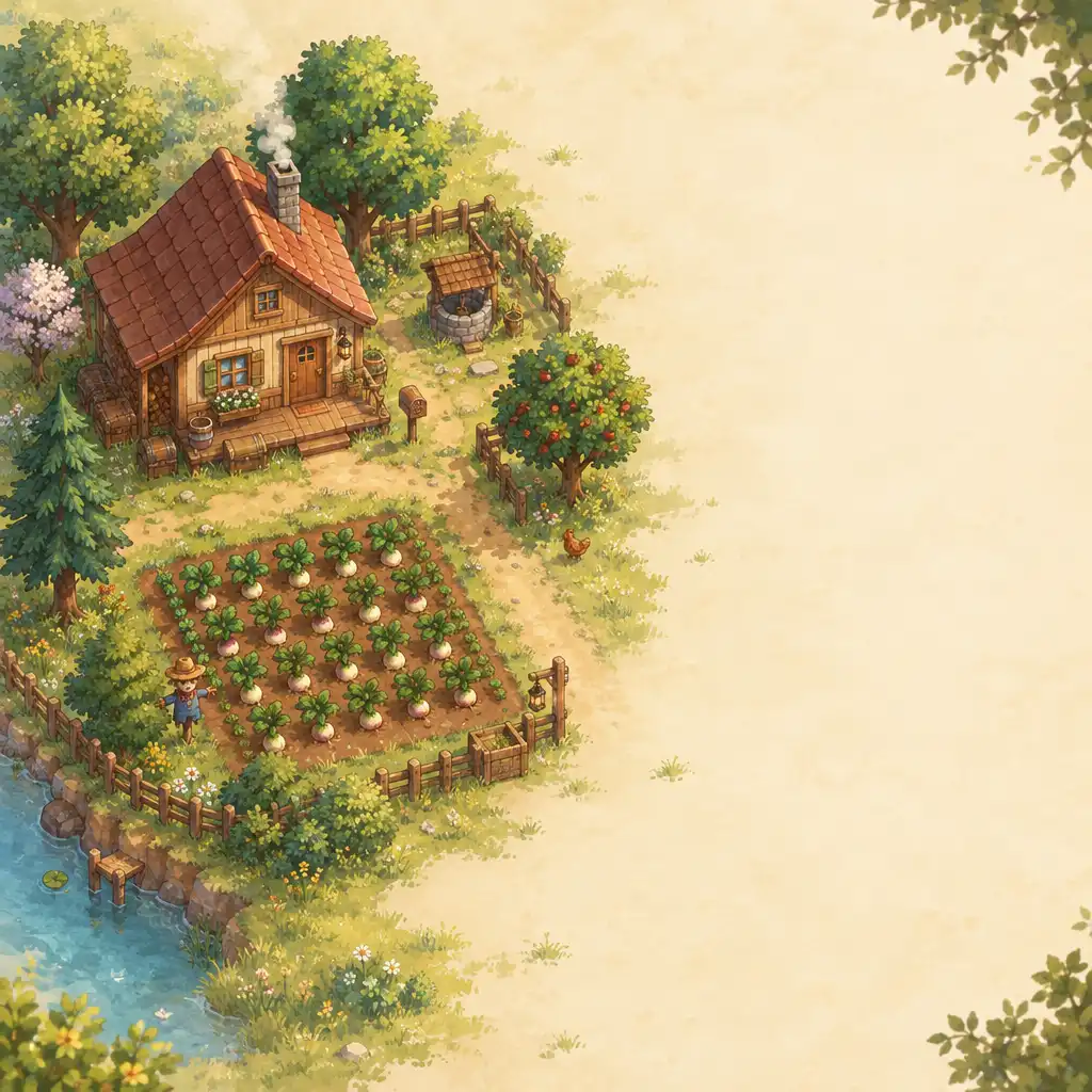 Ciepła ilustracja małej farmy w Stardew Valley z drewnianym domem, polem rzepy i drzewami