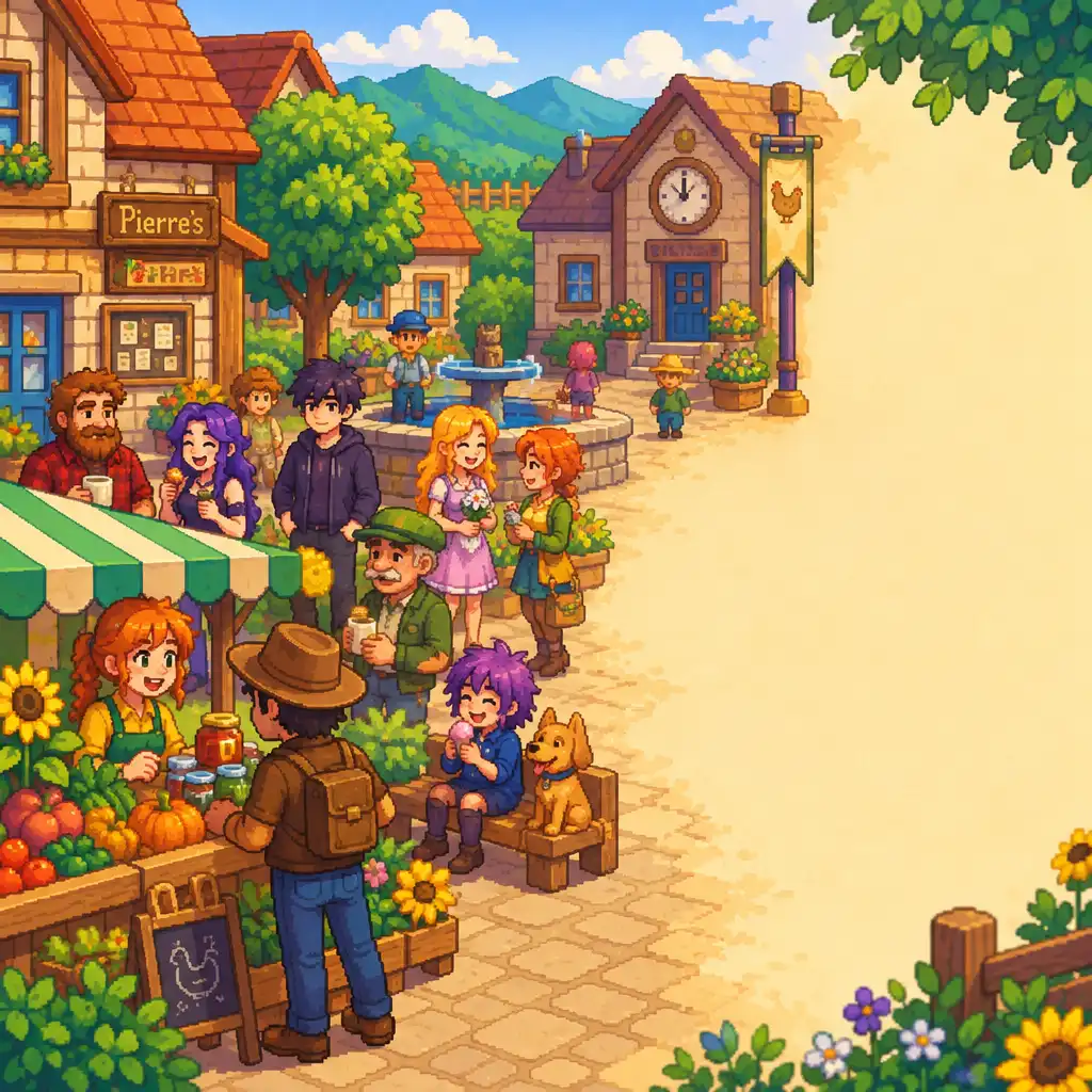 Grupa mieszkańców Stardew Valley na rynku miasteczka w ciepłym świetle popołudnia