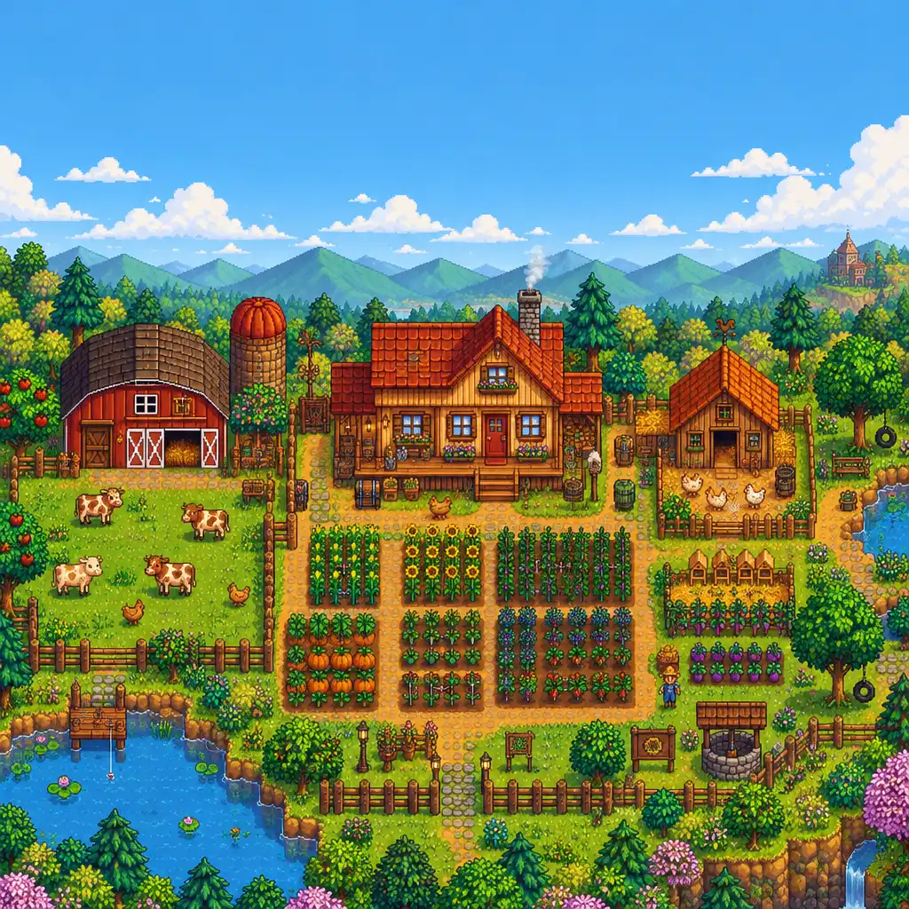 Ilustracja rozwiniętej farmy w Stardew Valley z dużym domem, stodołą, kurnikiem, polem uprawnym i zwierzętami