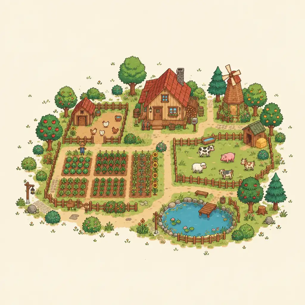 Ciepła ilustracja farmy w Stardew Valley z drewnianym domem, poletkami uprawnymi i drzewami