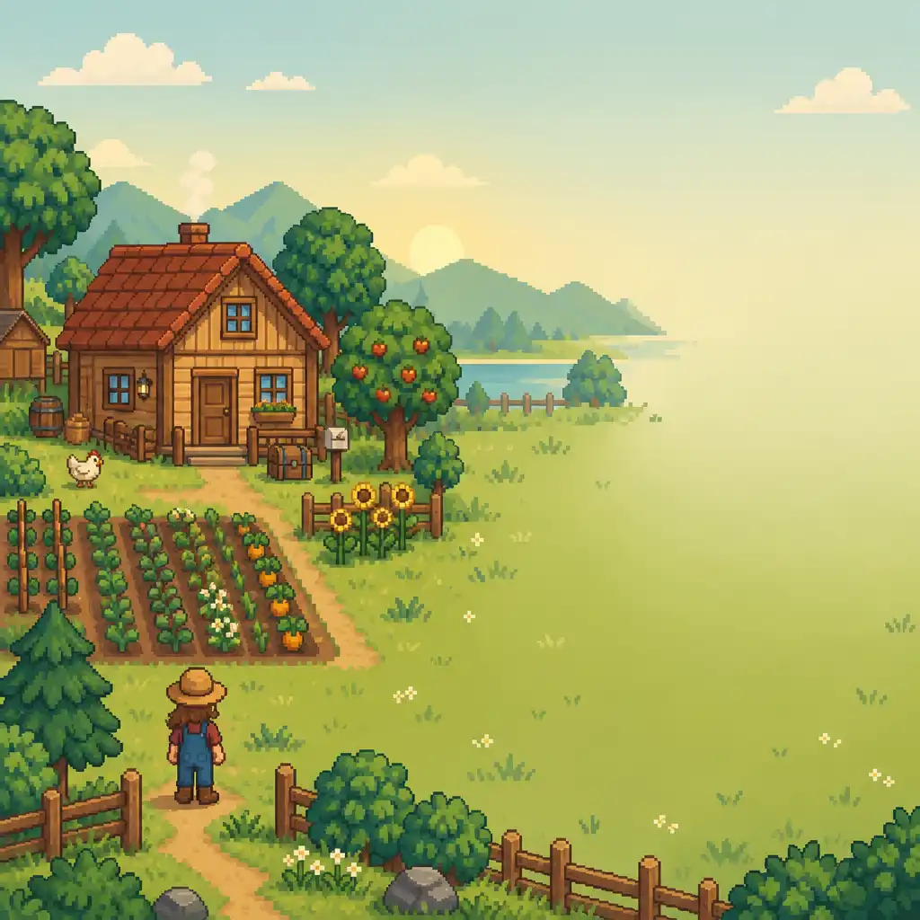 Ciepła pikselowa ilustracja farmy w Stardew Valley z drewnianym domem, polem uprawnym i postacią gracza