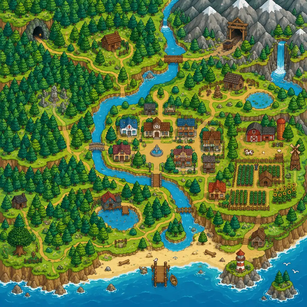 Ilustrowana mapa doliny Stardew Valley z rzeką, lasem, górami, plażą i miasteczkiem