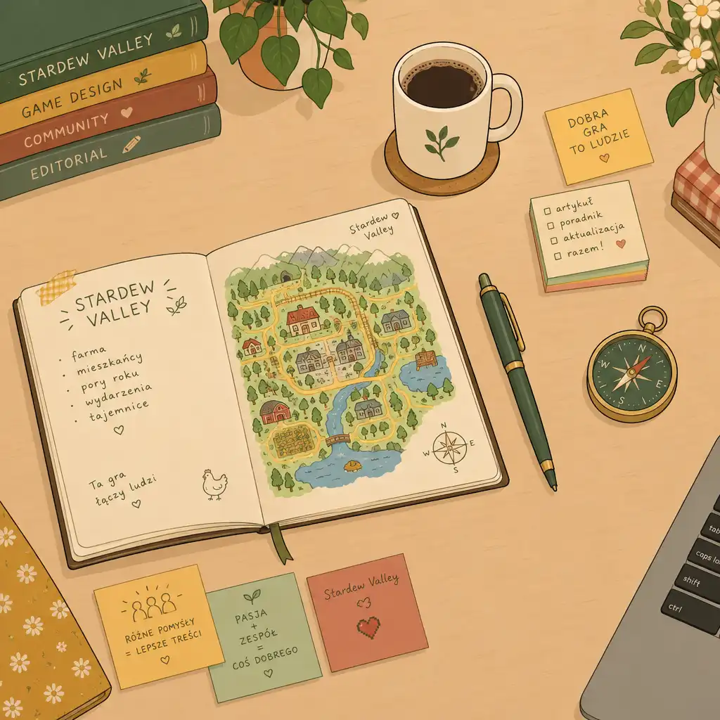 Biurko redakcyjne z notatnikiem, mapą Stardew Valley, kompasem i kubkiem kawy