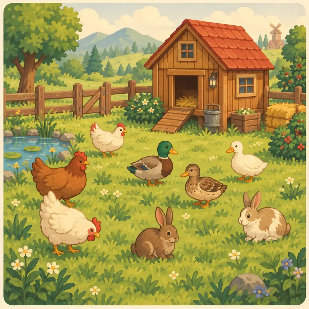 Ilustracja kurnika i pastwiska z kurami, kaczkami i królikami w Stardew Valley
